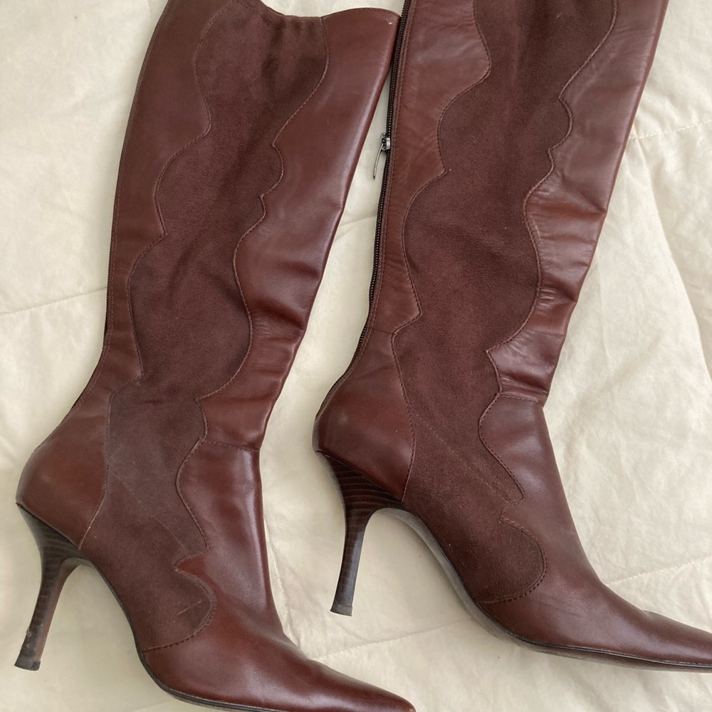 Anne Klein Brown Leather and Suede Knee-High Heeled Boots